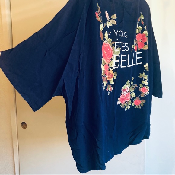 Navy Blue and Floral Kimono Coverup - Picture 3 of 6